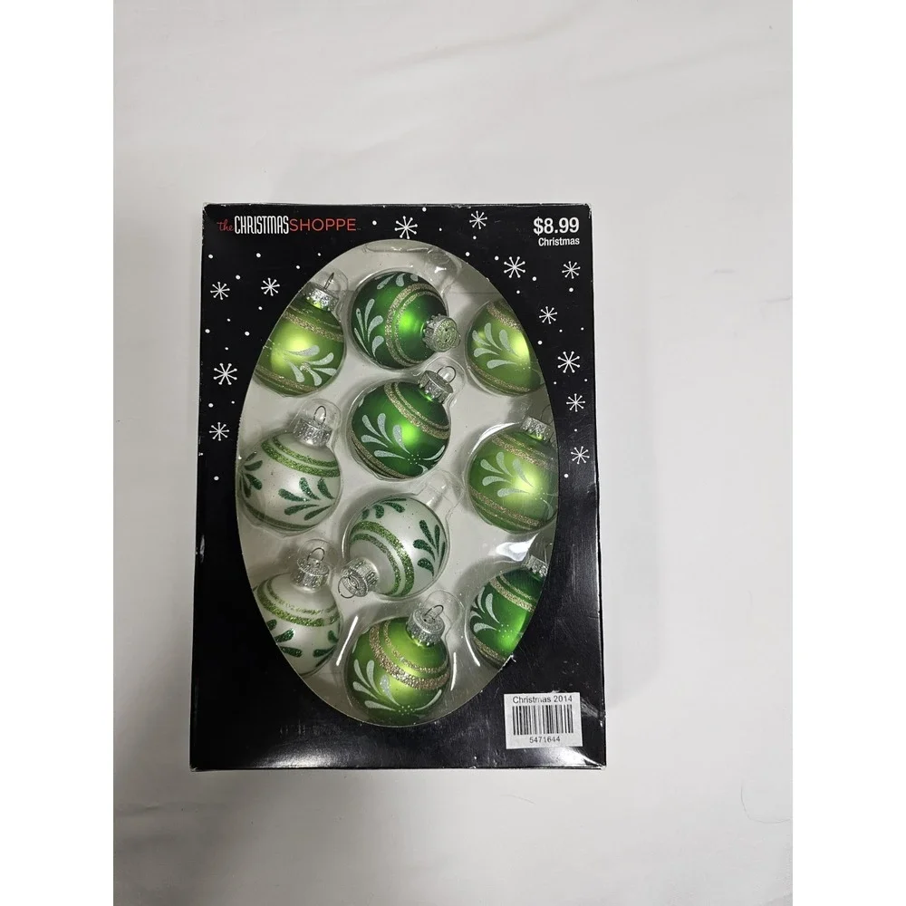 10 NEW  The Christmas Shoppe - Glass Bulbs  -‎ Green/Cream Colors - Accented